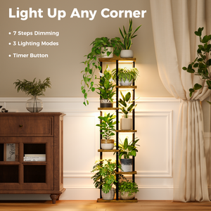 Bamworld vertical 7 tier corner plant shelf with full spectrum led grow light acting as ambient cozy lighting at night