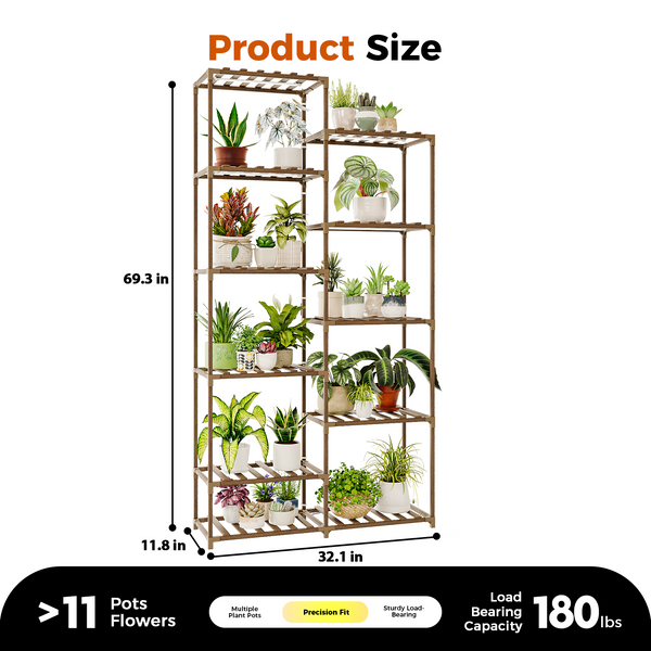 Bamworld Wooden Planter with LED Grow Lights – Multi-Tier Indoor Flower Shelf for Multiple Pots, Tall Plant Organizer for Home, Patio & Garden, Rustic Brown