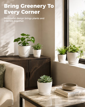 Bamworld 5-Piece White Planter Pots Set with Matching Saucers