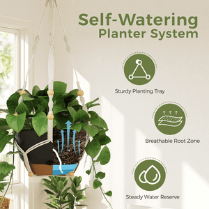 Bamworld 3-Pack Self-Watering Hanging Planters with Macrame and Chains - Matte Black