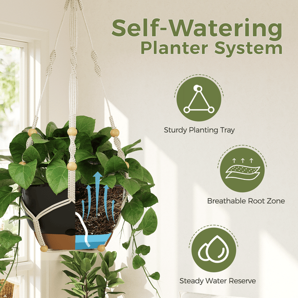 Bamworld 3-Pack Self-Watering Hanging Planters with Macrame and Chains - Matte Black