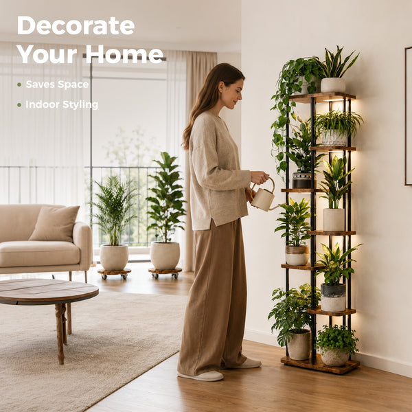 Bamworld 7-Tier Corner Metal and Wood Plant Stand with Grow Light