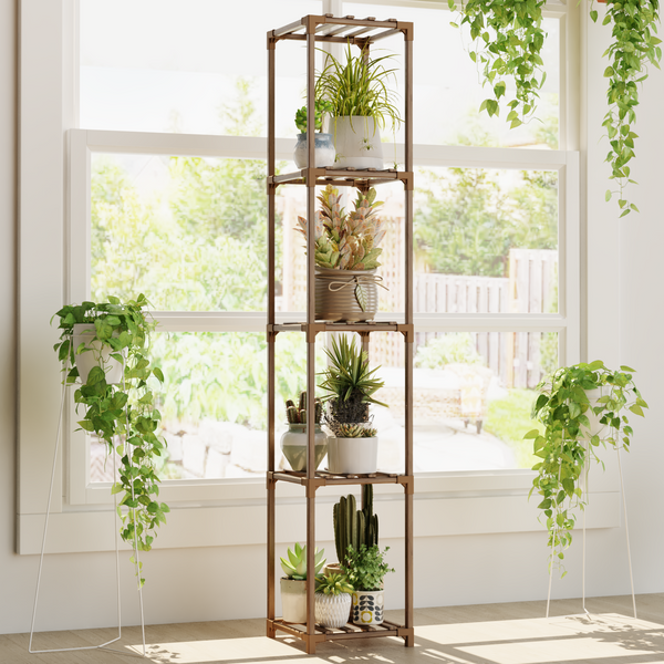 Bamworld Plant Stand Indoor Outdoor, 5-Tier Tall Large Wood Plant Shelf, Multi-Tier Flower Stands Garden Shelves, Wooden Plant Display Holder Rack for Living Room Corner
