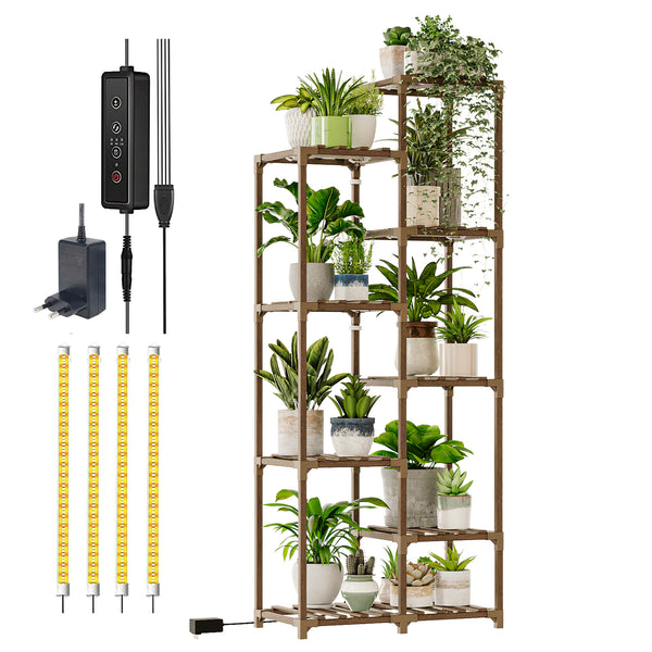 Bamworld Plant Stand with Grow Lights Indoor Outdoor 9 Tier Tall Large Wood Plant Shelf Multi Tier Flower Stands Garden Shelves Wooden Plant Display Holder Rack for Living Room Corner