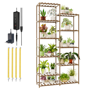 Bamworld Wooden Planter with LED Grow Lights – Multi-Tier Indoor Flower Shelf for Multiple Pots, Tall Plant Organizer for Home, Patio & Garden, Rustic Brown