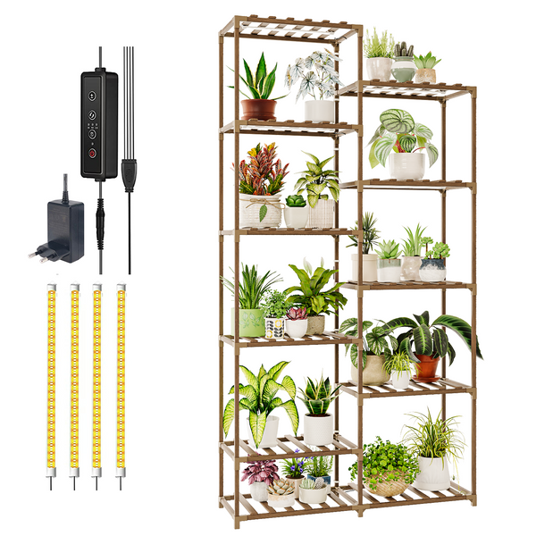 Bamworld Wooden Planter with LED Grow Lights – Multi-Tier Indoor Flower Shelf for Multiple Pots, Tall Plant Organizer for Home, Patio & Garden, Rustic Brown