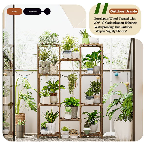 Bamworld Plant Stand Indoor Outdoor Hanging Plant Shelf ,Wood Flower Stand Tall Large Flower Holder for Living Room, Patio, Balcony, Brown