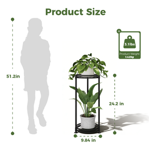 Bamworld Tall Black Metal Plant Stand - 2 Tier Flower Stairs Shelf for Indoor Outdoor, Balcony & Living Room