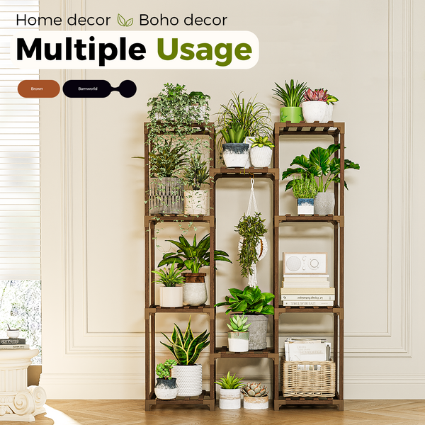 Bamworld Plant Stand Indoor Outdoor Hanging Plant Shelf ,Wood Flower Stand Tall Large Flower Holder for Living Room, Patio, Balcony, Brown